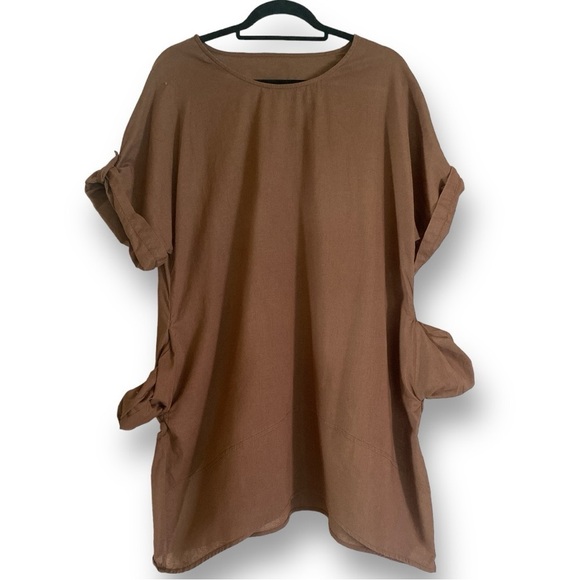 Casual Cotton Flax Loose Fit Dress, Swim Coverup, with Pockets Brown Size Medium - Picture 5 of 11